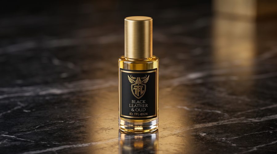 A 10 mL roll-on bottle in dark glass with a brushed gold cap, bearing a black and gold label carrying the Fragrance Lounge crest, the name Black Leather and Oud, and the formula code TFL-8924, photographed on dark marble.